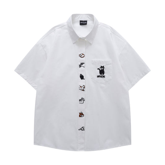 Cat Embroidery Oversize Short Sleeve Shirt WN26845