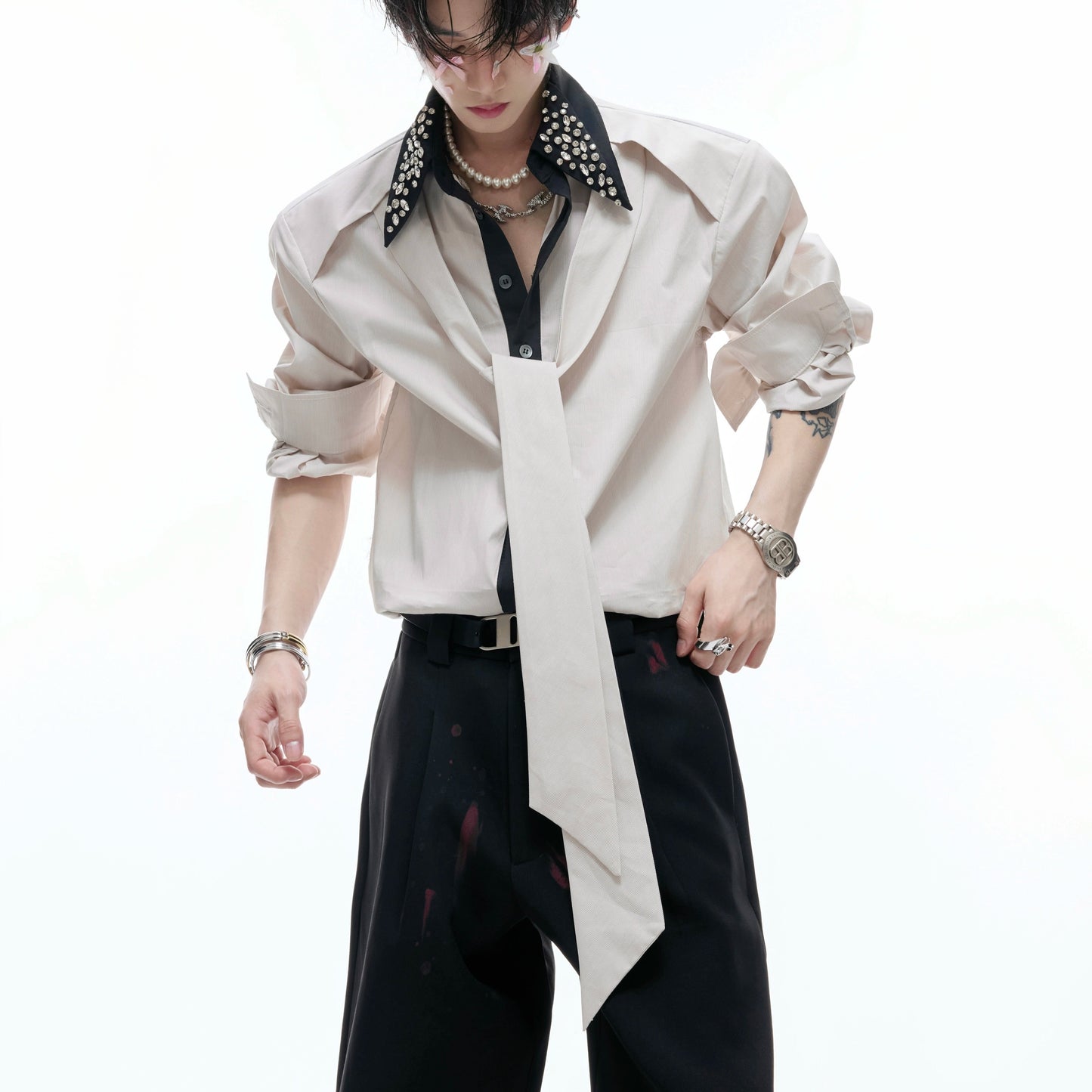 Rhinestone Neckline Ribbon Colorblock Long Sleeve Shirt WN20532