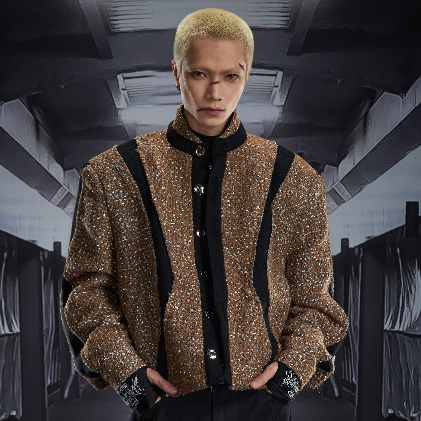 Contrast Panel Button High-Neck Padded Jacket WN22823