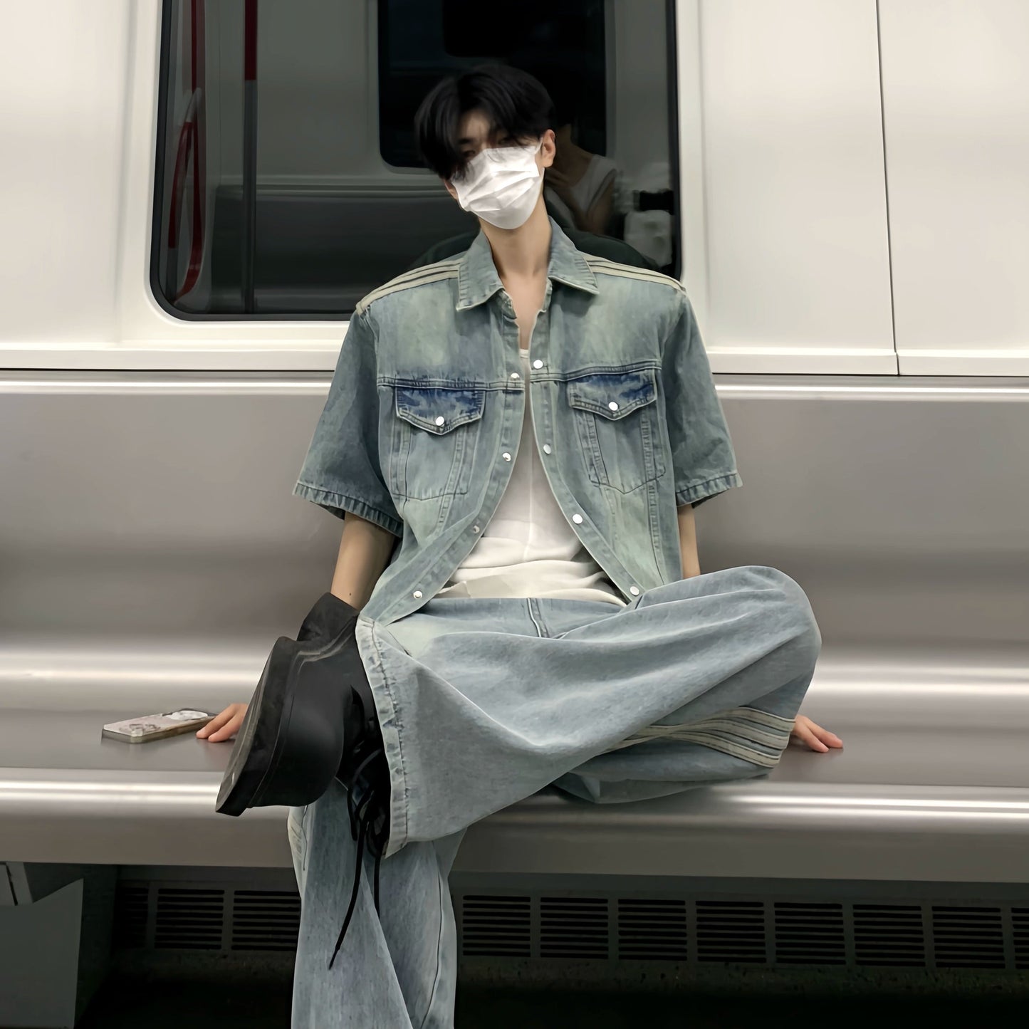 Washed Short Sleeve Denim Jacket & Side Stripe Washed Denim Jeans Setup WN19850