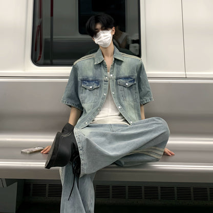 Washed Short Sleeve Denim Jacket & Side Stripe Washed Denim Jeans Setup WN19850