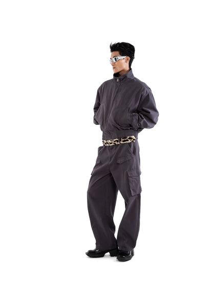Stand Neck Zipper Short Jacket & Cargo Pants Setup WN20651