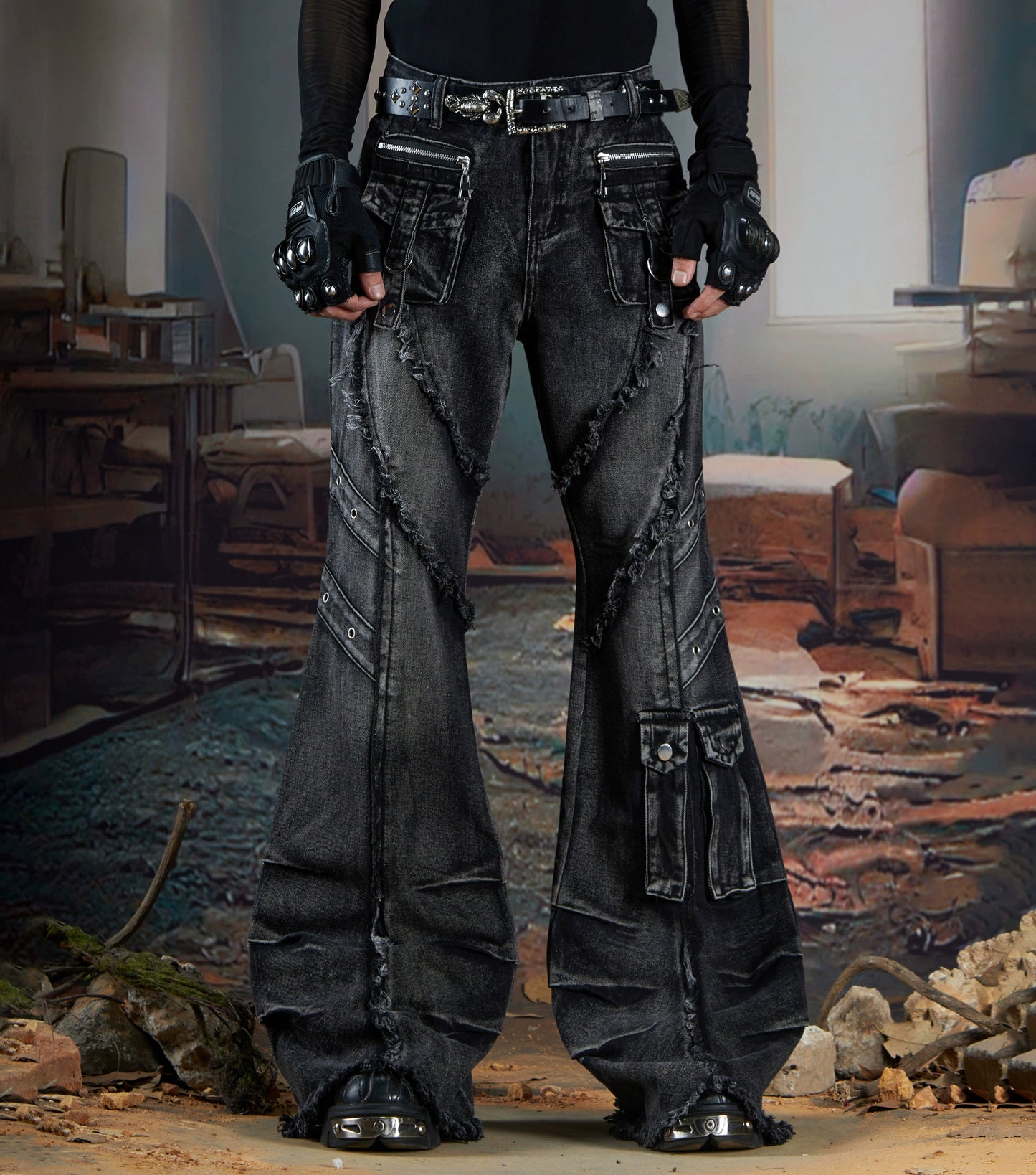 Deconstruction Pleats Fringe Multi-Pocket Flare Cargo Denim Jeans WN21363