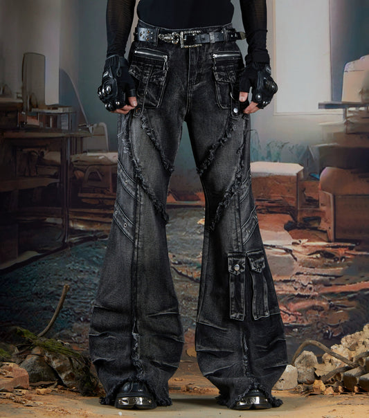 Deconstruction Pleats Fringe Multi-Pocket Flare Cargo Denim Jeans WN21363