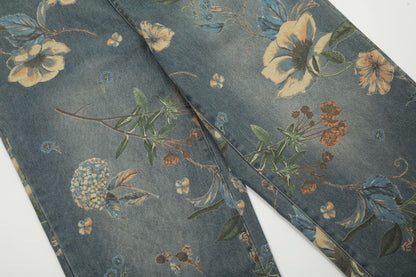 Froral Print Wide-Leg Straight Denim Jeans WN11110