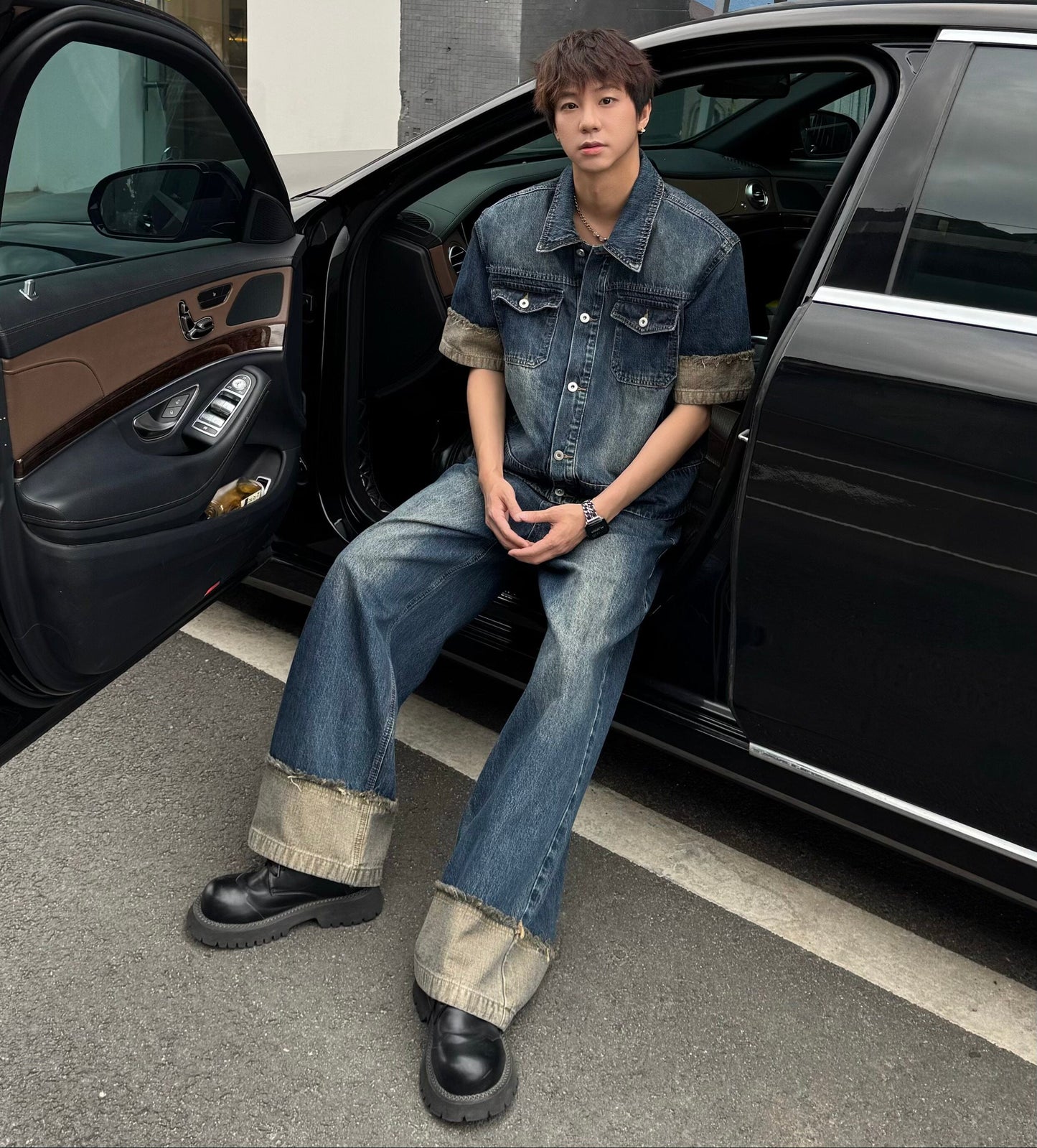 Contrast Cuff Denim Jacket & Wide Leg Denim Jeans Setup WN25367