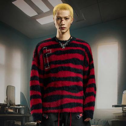 Striped Rhinestone Fake Mohair Oversize Knit Sweater WN22733