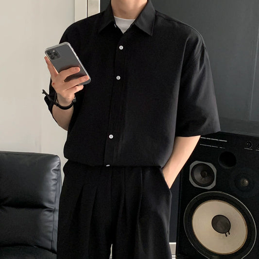 Lapel Solid Color Short Sleeve Shirt WN20231