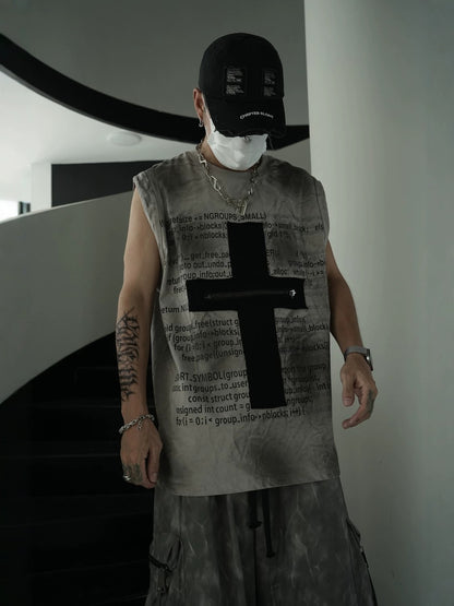 Gradient Mist Dye Cross Zipper Design Sleeveless T-Shirt WN27830