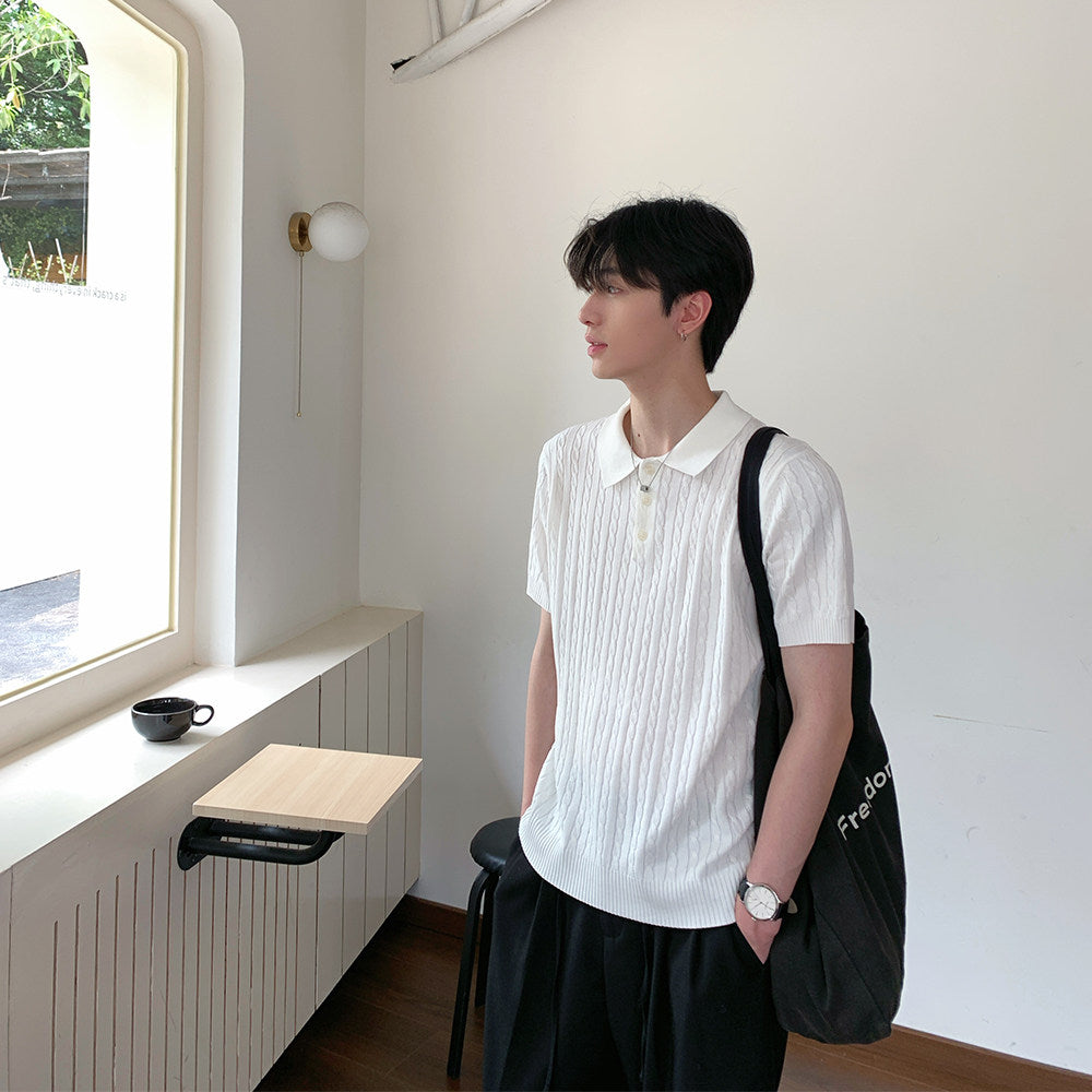 Cable-Knit Button-Placket Slim-Fit Short Sleeve Polo Shirt WN24855
