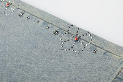 Washed Paint Studs Detail Wide Leg Denim Jeans WN25418