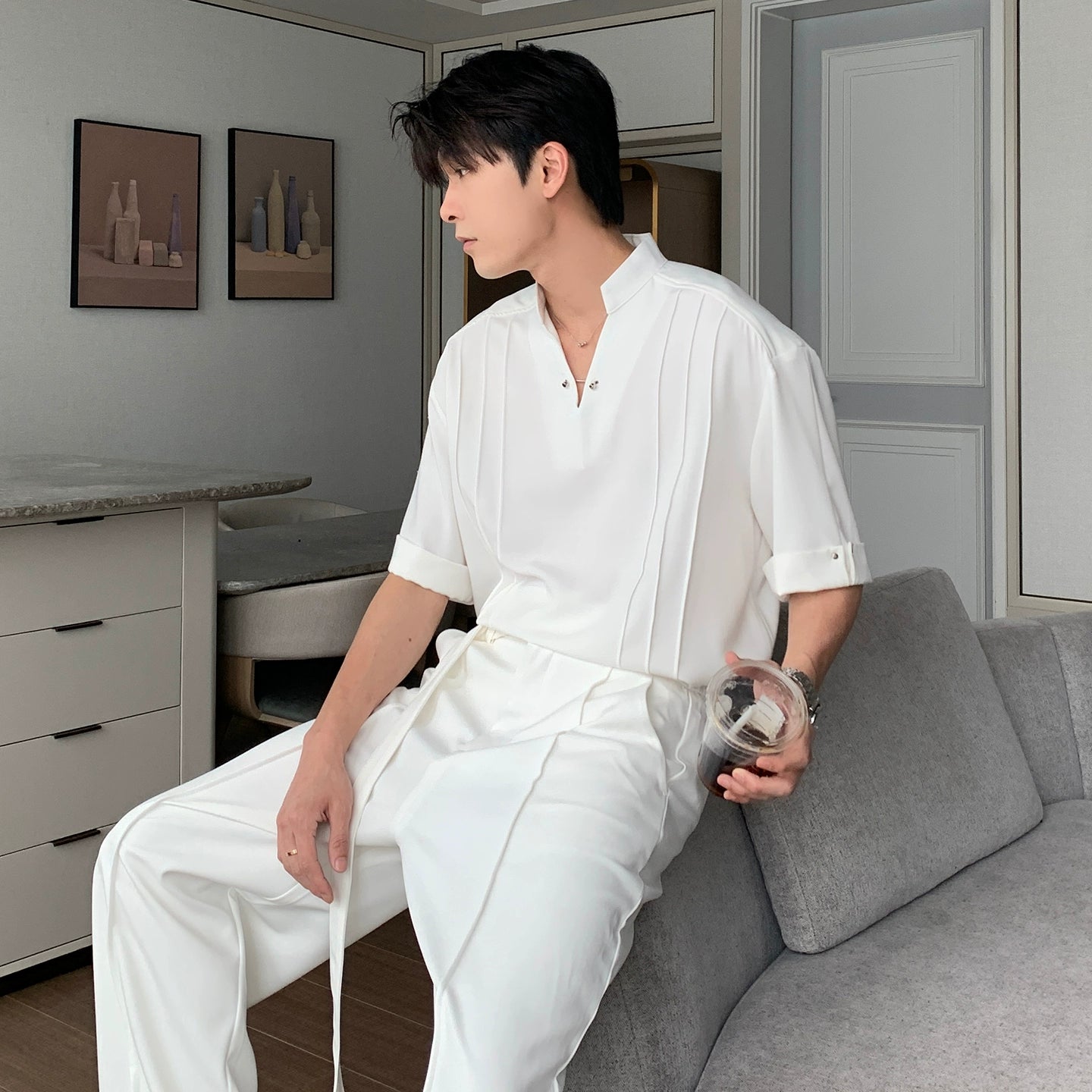 Standing Collar V-Neck Oversize Short Sleeve Polo Shirt WN20453