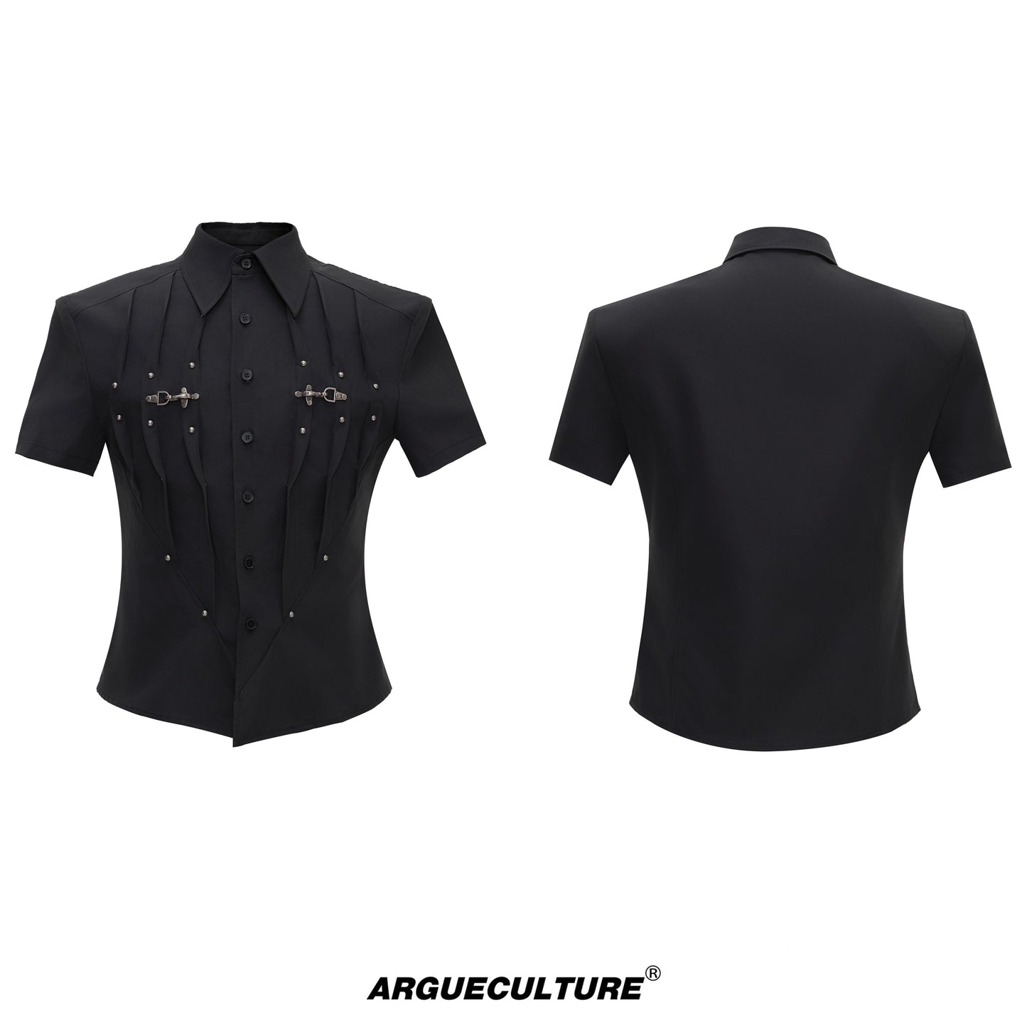 Pleats Cinched-Waist Shoulder-Pad Stud Short Sleeve Shirt WN27000