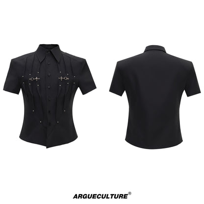 Pleats Cinched-Waist Shoulder-Pad Stud Short Sleeve Shirt WN27000