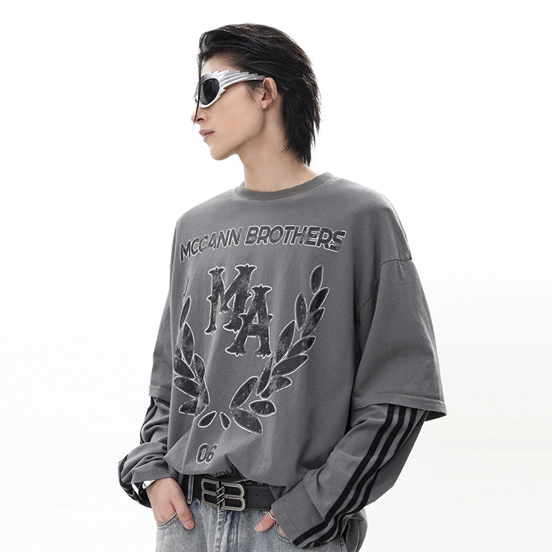 Patchwork Sleeve Fake Layered Long Sleeve T-Shirt WN10306