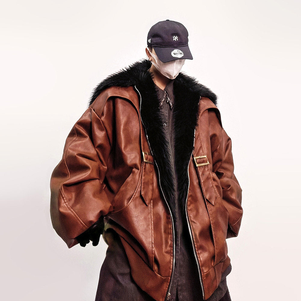 Fake Fur Lapel Oversize PU Leather Jacket WN24019