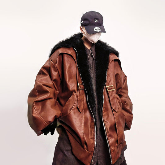Fake Fur Lapel Oversize PU Leather Jacket WN24019