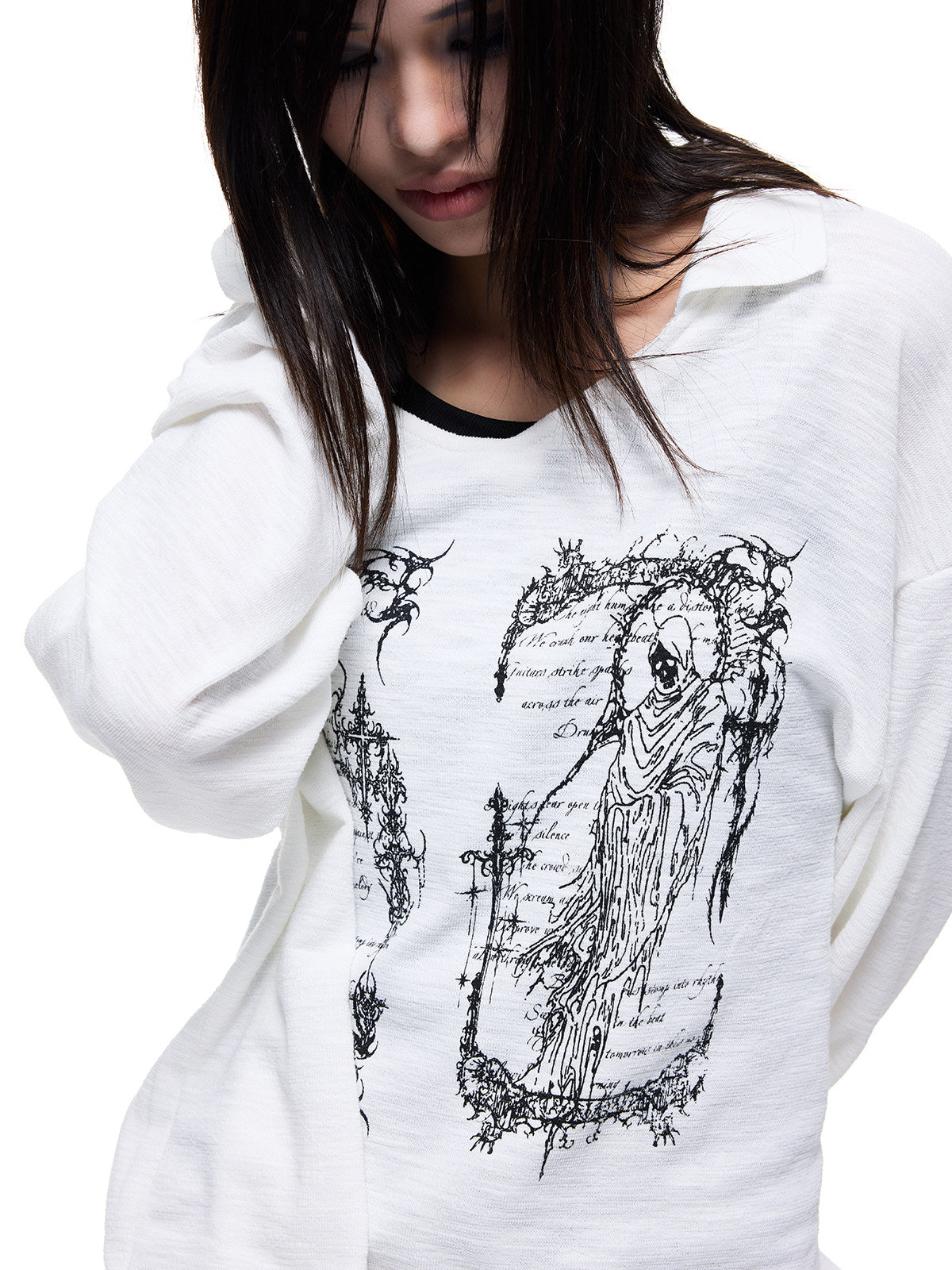 Reaper Angel Rune Print Polo-Collar Long Sleeve T-Shirt WN27326