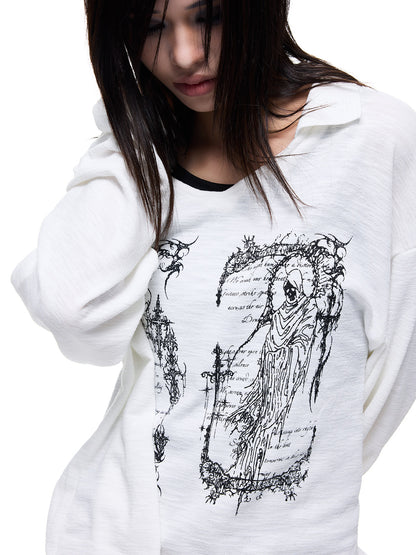 Reaper Angel Rune Print Polo-Collar Long Sleeve T-Shirt WN27326
