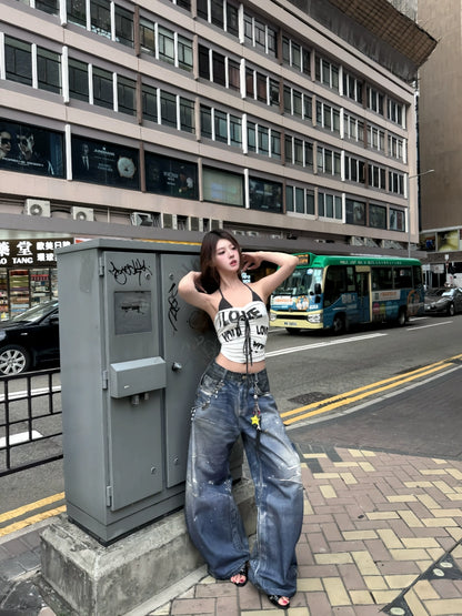 3D Print Wash Wide Leg Denim Jeans WN20741