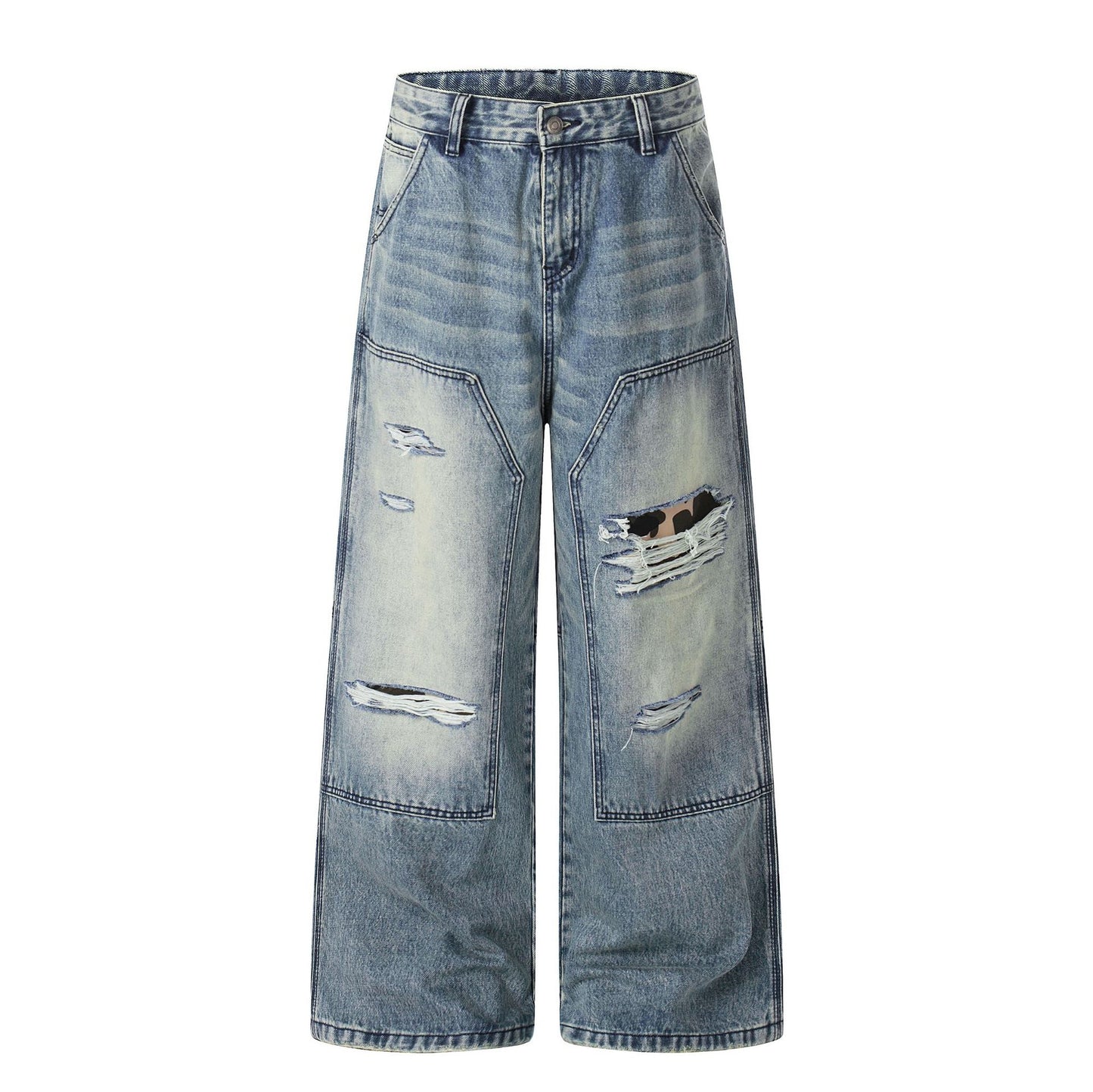 Washed Deconstruction Damage Wide Leg Denim Jeans WN25978