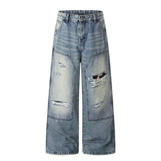 Washed Deconstruction Damage Wide Leg Denim Jeans WN25978