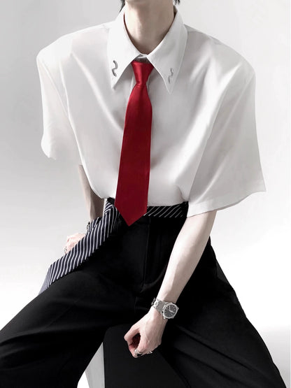 Metal Detail Shoulder-pad Short Sleeve Shirt & Tie WN20346