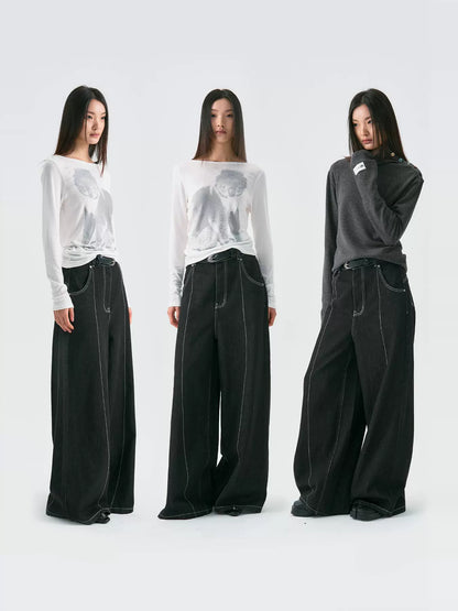 Black Wide Leg Cross Back Pocket Design Denim Jeans WN18963