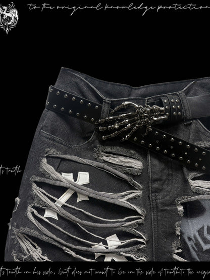 Washed Damage Design Five Pocket Half Denim Jeans & Belt & Waist Chain WN20092