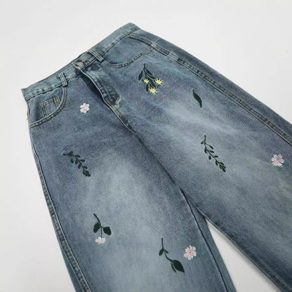 Floral Washed Wide-Leg Straight Denim Jeans WN11084