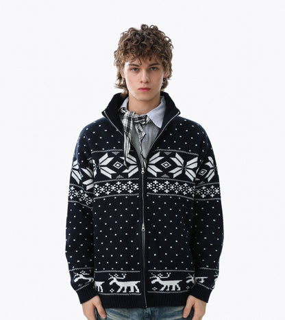 Snowflake Zipper Stand Neck Knit Sweater WN22102