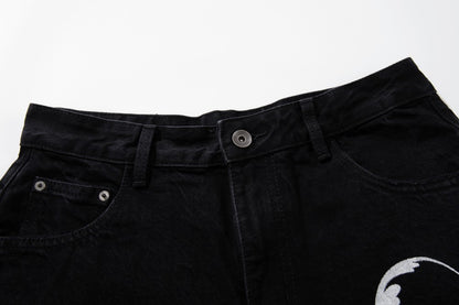 Ripped Circle Print Wide Leg Denim Jeans WN27892