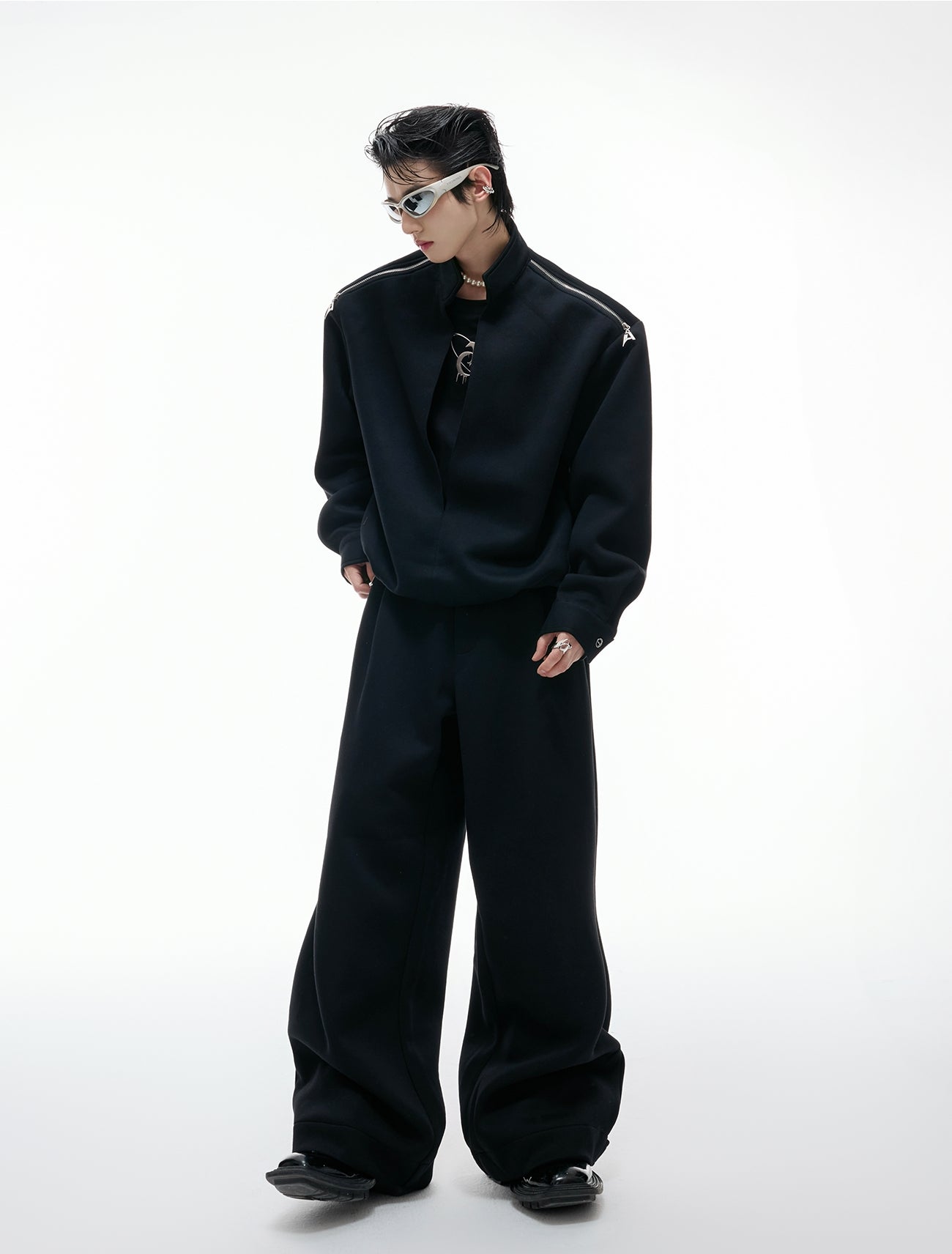 Fake Layered Zipper Design Sweatshirt & Wide Leg Sweatpants Setup WN20542