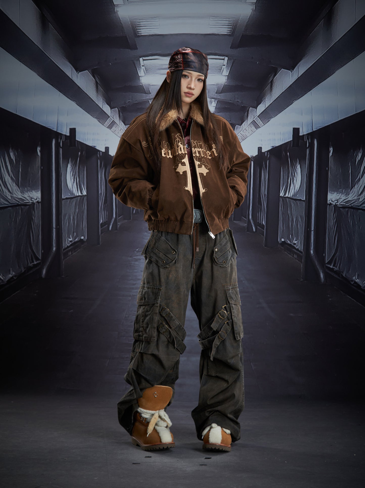 Cross Embroidery Fur Collar Oversize Padded Jacket WN22853