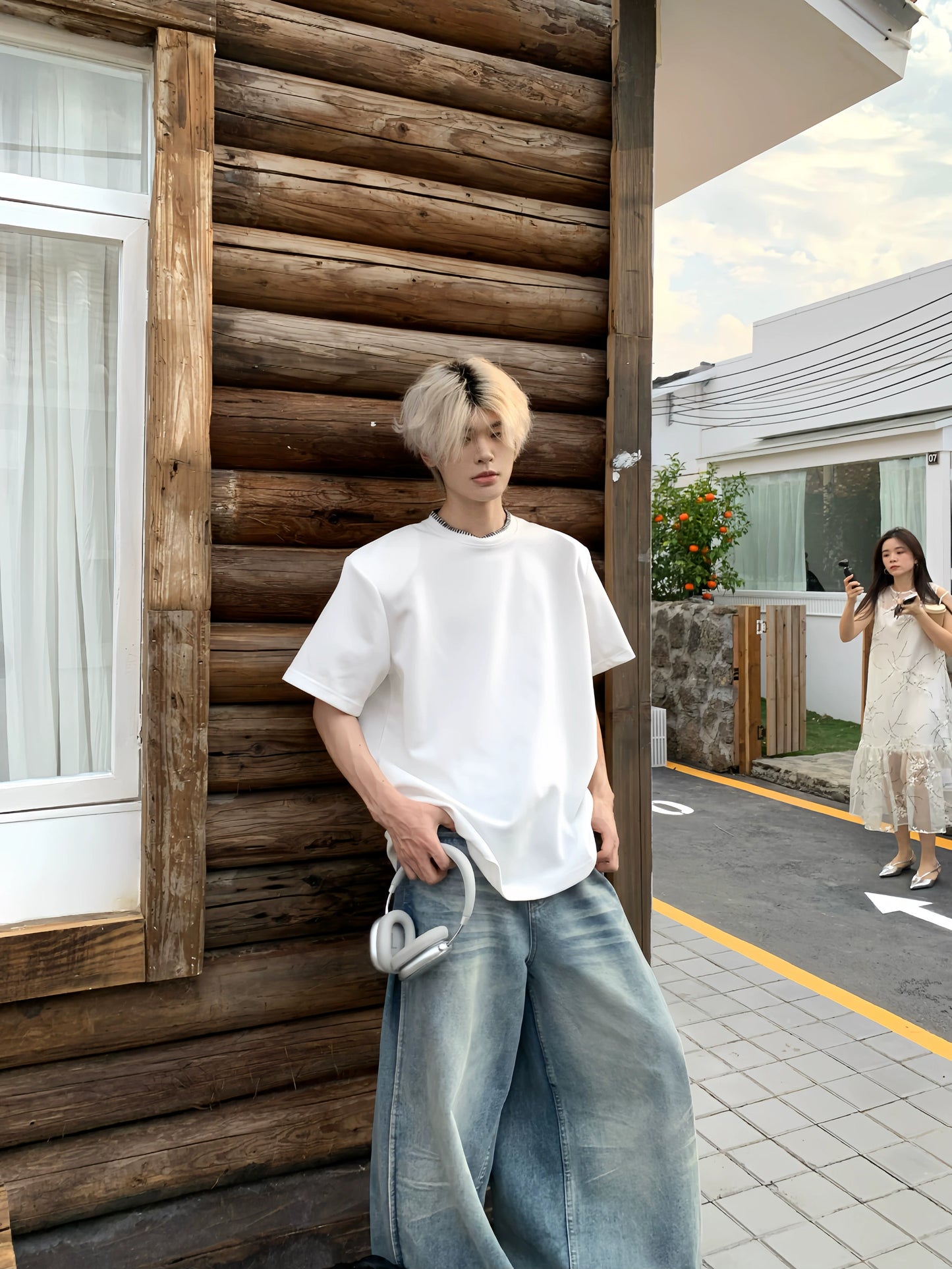 Shoulder-Pad Patchwork Oversize Short Sleeve T-Shirt WN19875