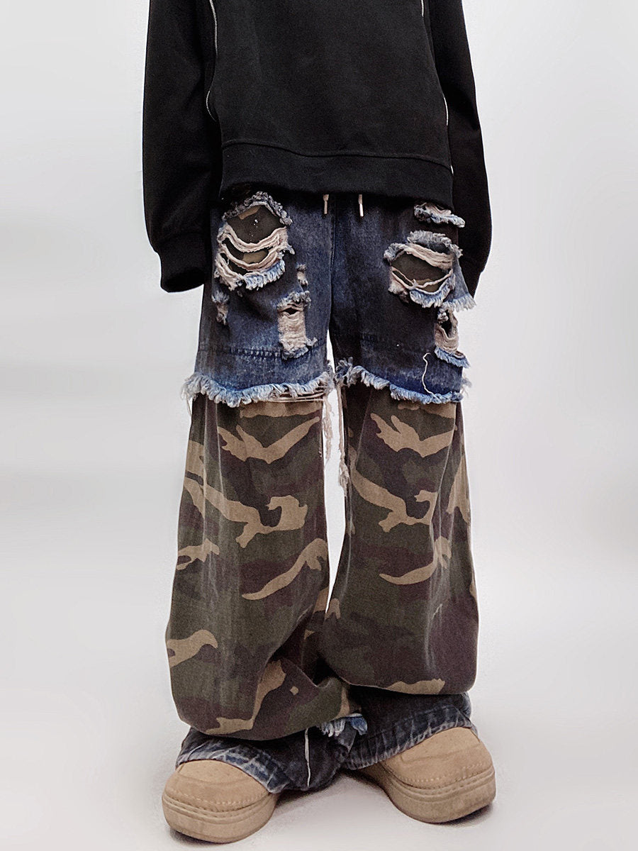 Camouflage Ripped Wide Leg Denim Jeans WN23993