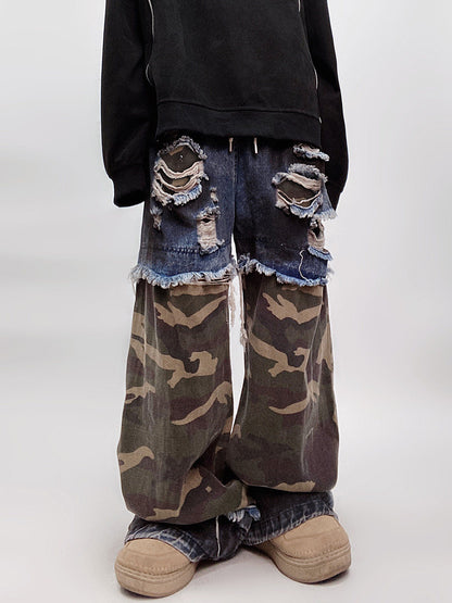 Camouflage Ripped Wide Leg Denim Jeans WN23993