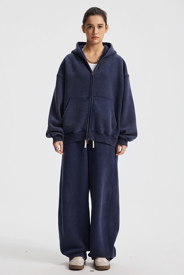 Fleece Lining Zip-Up Wax Dye Zipper Hoodie & Wide Leg Pants Sweatpants WN23112
