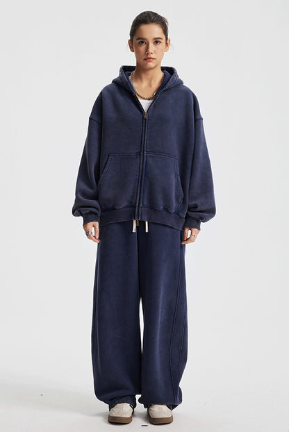 Fleece Lining Zip-Up Wax Dye Zipper Hoodie & Wide Leg Pants Sweatpants WN23112