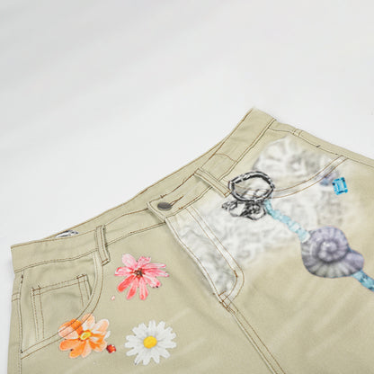 Floral Print Cropped Denim Half Jeans WN25465