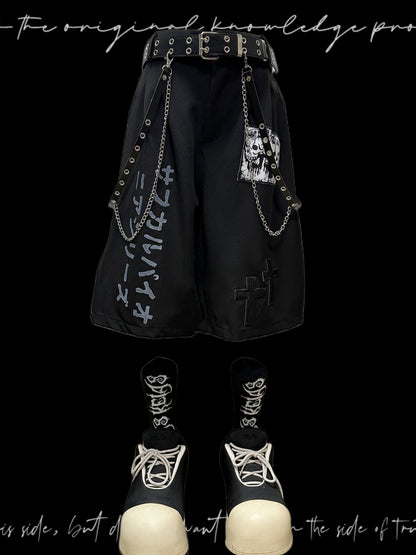 Graphic Letter Patchwork Pocket Tailored Half Pants & Belt & Chain WN20133