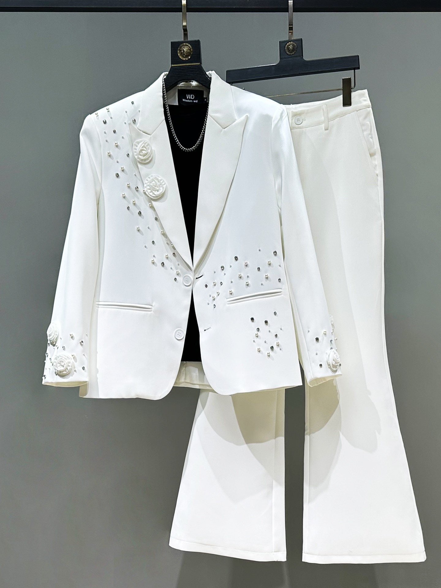 Beaded Rhinestone Oversize Tailored Jacket & Flare Trousers Setup WN23880