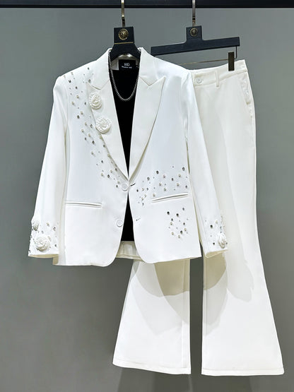 Beaded Rhinestone Oversize Tailored Jacket & Flare Trousers Setup WN23880