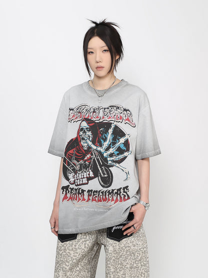 Skull Motorcycle Graphic Print Oversize Short Sleeve T-Shirt WN24496