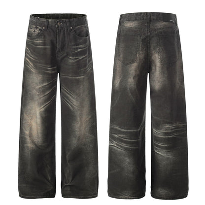 Washed Fade Whisker Wide Leg Straight Denim Jeans WN25881