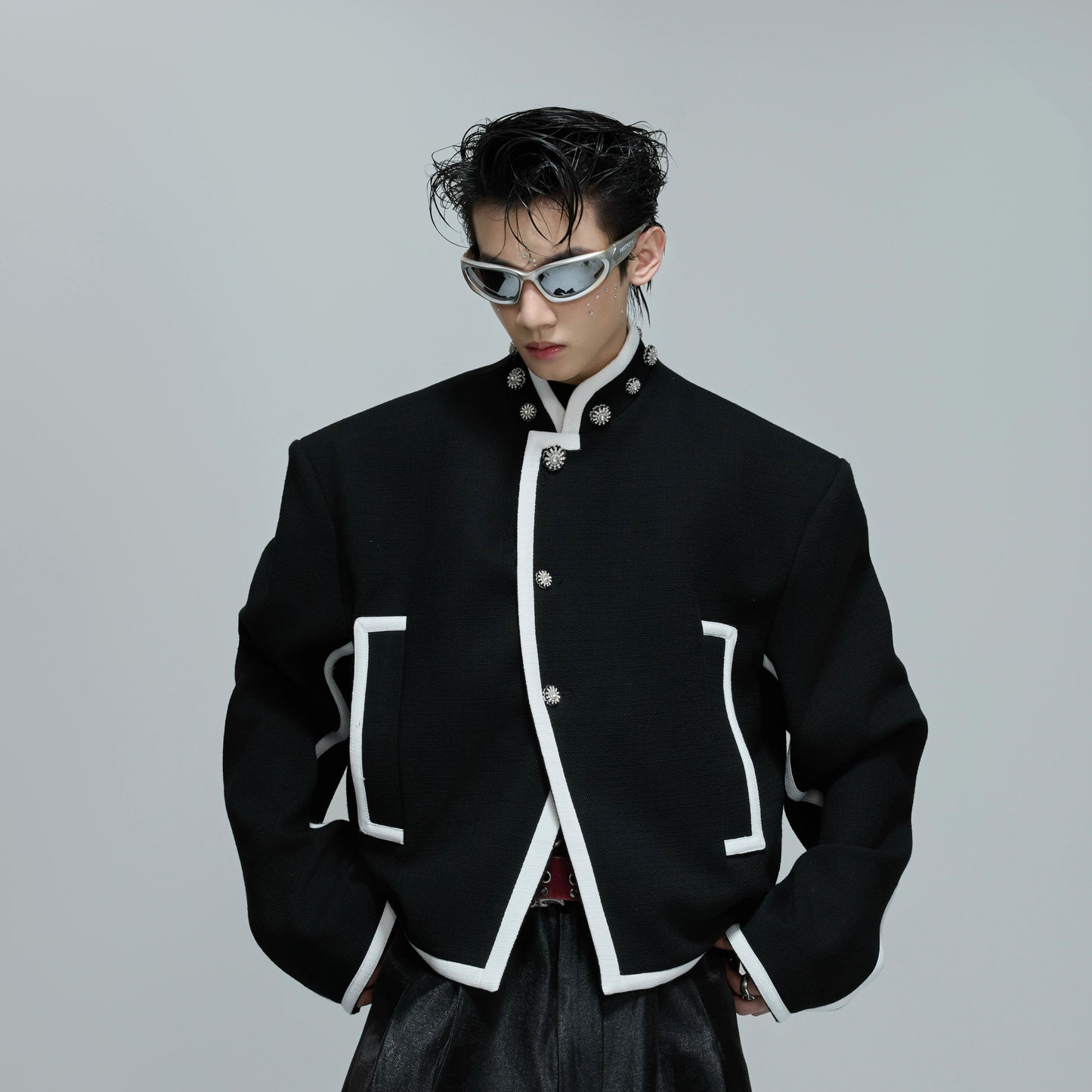 Standing-Collar Colorblock Shoulder-Pad Short Jacket WN21690