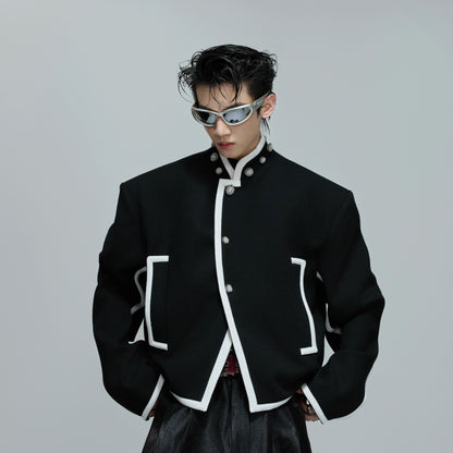 Standing-Collar Colorblock Shoulder-Pad Short Jacket WN21690