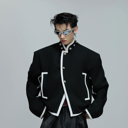 Standing-Collar Colorblock Shoulder-Pad Short Jacket WN21690