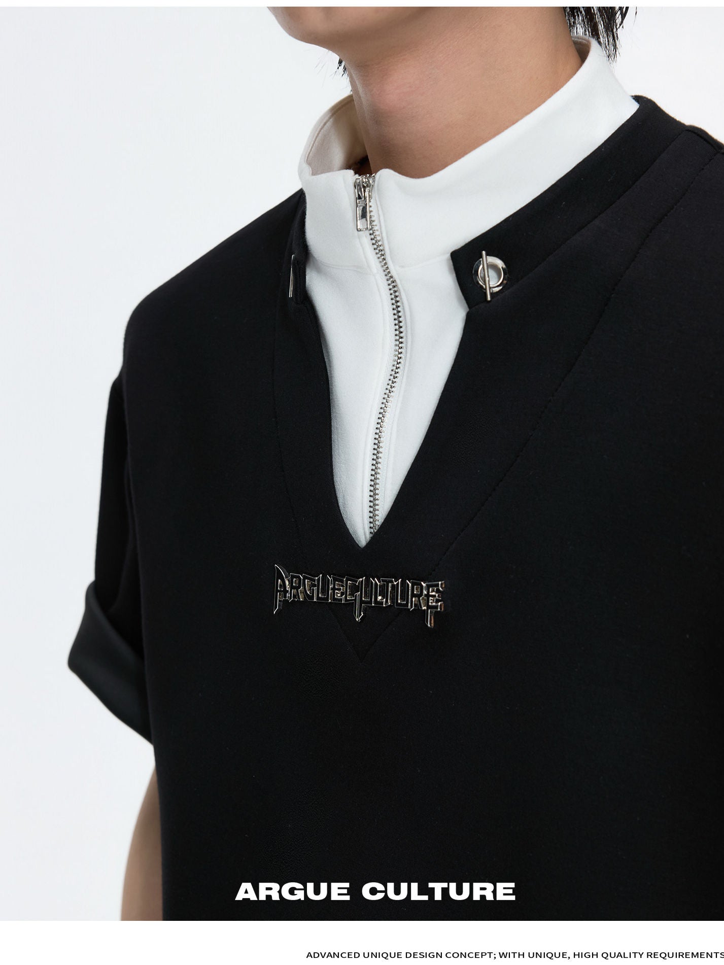 Fake Layered Stand Neck Boxy Short Sleeve T-Shirt WN26981