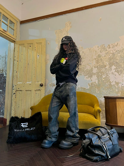 Washed Faded Mud-Dye Paint Damage Denim Jeans WN21318